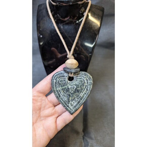 3 for $30 Vintage hand carved stone pendant with leather strap and wood bead - Picture 4 of 10